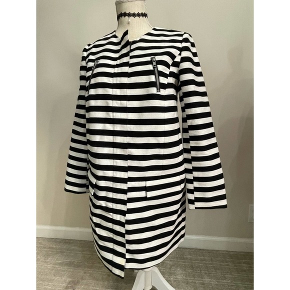 Halogen Womens Long Jacket Coat Duster Black White Stripe Zip Front Sz XS Shift - Picture 11 of 16